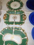 DAVENPORT, green and gilt shell bordered part dessert service of 2 shaped comports, tureen stand and