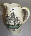 EARLY CREAMWARE; "Ship portrait & Ship wrecks Arms" transfer, 11" milk jug (various defects)