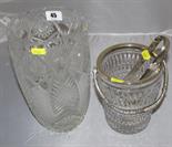 CUT GLASS, quality cut glass 10" vase; also decorative glass ice bucket with plated mounts and