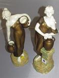 ROYAL DUX-STYLE; pair of bronzed effect figures of maidens drawing water, 14" (slight damage)