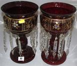 VICTORIAN LUSTRES; pair of ruby glass gilded glass lustres