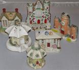 PASTILLE BURNERS, 3 Victorian floral encrusted cottage pastille burners and 3 other cottage/tower