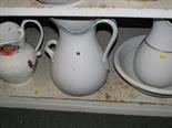 19th Century floral painted and moulded large milk jug; three pieces of Victorian chamberware