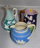 19TH CENTURY JUGS; Victorian majolica blue ground water jug; Copeland blue stoneware hunting jug (