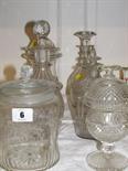 ANTIQUE GLASSWARE, Georgian oval base cut glass liqueur and condiment bottle, triple banded neck