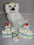 STAFFORDSHIRE POTTERY, pair of encrusted swan ornament vases (slight defect). also gilded seated