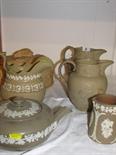19TH CENTURY STONEWARE, 2 graduated Spode relief moulded putti design graduated milk jugs, also