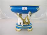 19TH CENTURY MINTON COMPORT, attractive turquoise and gilt oval comport, twin putti support (base