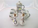 CARDEW, Wenford bridge bird decorated lidded coffee pot and 4 mugs by Seth Cardew and a pair of