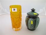 WHITEFRIARS; amber glass textured cylindrical vase; also Sylvac chinoiserie lidded vase No 5395