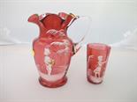 MARY GREGORY, cranberry glass crinoline edge jug and tumbler