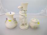 BELLEEK, Thistle encrusted vase, figure support flower holder and lidded jar, (various base marks)