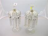 GLASS LUSTRES, pair of decorative glass drop lustre candlesticks (some faults)  11" high