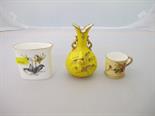 WORCESTER PEACH GROUND, miniature floral decorated mug, also Royal Crown Derby yellow ground spill