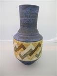TROIKA, blue ground mallet shaped 10" vase, geometric painted banding, monogrammed AP