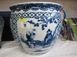 ORIENTAL CERAMICS, underglaze blue jardiniere with 4 alternating reserves of figures and bird life