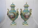 19TH CENTURY SEVRES, fine pair of turquoise ground twin handles lidded pedestal vases, decorated