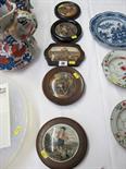 POT LIDS, collection of 5 framed early pot lids including Crystal Palace and the Fish monger