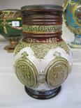 DOULTON 1897 JUBILEE, Lambeth stoneware Victoria 1897Jubilee jug, metal rim mount, 7.5" high