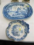 BLUE PRINTED WARE, "Temple" pattern blue printed 14.5" meat plate (edge chips) also pair of early