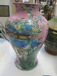 FAMILLE VERTE, pink ground inverted baluster 15" vase decorated with garden set dwelling (base