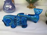 BITOSSI, 2 blue glaze retro design animals - long bodied cat & elephant, (cat length 7")