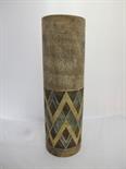 TROIKA, 15`` cylindrical brown ground vase with geometric patterned banding signed by Alison