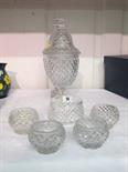 GEORGIAN STYLE GLASSWARE, pair of quality cut glass lidded pedestal urns, together with four