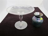 OKRA GLASS, peacock feather lustre vase; and attractive Edwardian etched glass comport