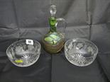 GLASSWARE, pair of vine etched cut glass finger bowls and green lustre condiment bottle