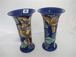 CHARLOTTE RHEAD, pair of Burleigh tube lined ``Peony`` pattern blue ground splayed rim 9`` vases, (