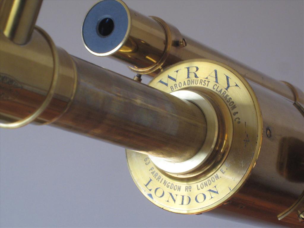 BRASS TELESCOPE MARKED WRAY, LONDON AND BROADHURST, CLARKSON & CO. WITH WOODEN TRIPOD STAND AND O