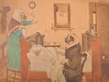 19th Century English School. ‘Dr Pug’s Visit’, Oil on a Photographic Base, Indistinctly Signed,