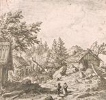 After Albert Van Everdingen (1621-1675) Dutch. Figures in a landscape, Engraving, Unframed, 4” x 4.
