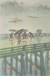 Ginnosuke Yokouchi (1870-1942) Japanese. A Bridge Scene, with Figures under Umbrellas,