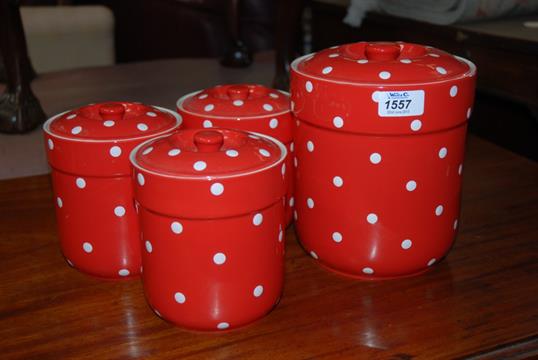 Four Spode \'\'Baking Days\'\' Red Polka Dot Storage Jars. Four Spode \'\'Baking Days\'\' Red Polka Dot Storage Jars.