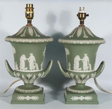 A pair of green Wedgwood Jasperware Pair Of Small Wedgwood Table Lamps C