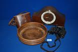 A Westminster chiming Mantle Clock, wooden fruit bowl and a pair of Dolland Binoculars