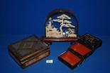 A cork Diorama and two oriental lacquered Boxes