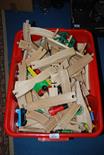 A large quantity of wooden rail track plus Engines and carriages, etc.
