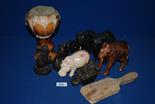 A set of three bronze effect Blind Mice, a set of three ebony Elephants, wooden Elephant and a