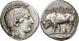 ANCIENT COINS. GREEK. Lucania, Thurium (c.443-400 B.C.), Silver Nomos, 7.92g, 1h. Head of Athena