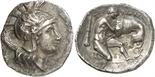 ANCIENT COINS. GREEK. Calabria, Tarentum (c.325-280 B.C.), Silver Diobol, 1.01g, 3h. Head of