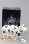 A Boxed Royal Crown Derby Paperweight with gold stopper `Priscilla` Pig