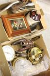 A Box of Items including barometers, brass items, shells, French art plus Box of Various Items