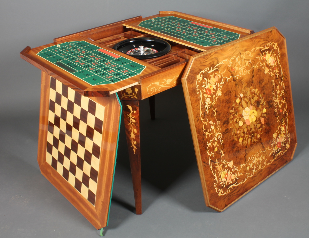 A square Sorrento style inlaid games table incorporating a roulette wheel and table, a chess boar