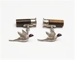 HOLLAND & HOLLAND A PAIR OF STERLING SILVER AND TIGER`S EYE `CARTRIDGE & PHEASANT` CUFFLINKS