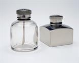 TWO OIL BOTTLES one nickel plated 1 3/4in. square the other glass with 1 3/4in. diameter both