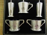 A boxed silver five piece Art Deco cruet set Birmingham 1941 - maker S L P - Total weight approx.