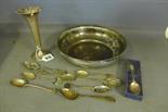 A quantity of assorted silver teaspoons, a silver bud vase and a silver bowl - Weight approx. 13